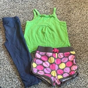 Garanimals Green Tank, and Blue Leggings and Circo Colorful polka dot Shorts.